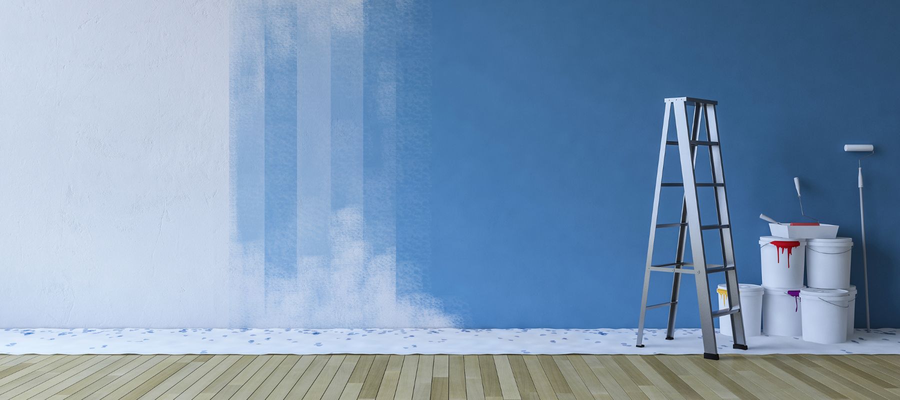 a wall in the process of being painted blue